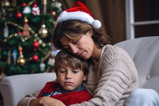 Sad Christmas. Mother hugs her son and wants to comfort him and cheer him up because of the sad Christmas holidays. Solitude, loneliness, sorrow, loss, grief, divorce, family problems