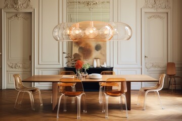 A dining room with a Saarinen marble table, molded plastic chairs, and a retro pendant light. Generative AI