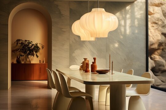 A dining room with a Saarinen marble table, molded plastic chairs, and a retro pendant light. Generative AI