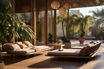Fototapeta premium An outdoor terrace with a teak lounge set, hanging planters, and a sculptural sunshade. Generative AI