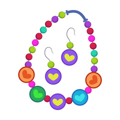 Bracelet and earrings from beads on white background. Plastic jewelry for children, bearded accessory for kids cartoon illustration. Accessories, fashion concept