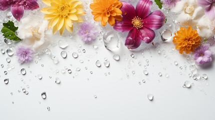 Lively and Colorful Floral Arrangement with Splashing Water Drops Background. Floral Ornamentation. Pure White Natural Background Adorned with Blooms, Providing Space for Text. 