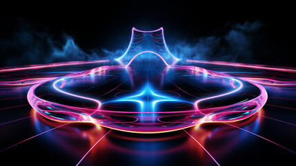 Three-dimensional rendering of a neon soccer field concept, depicting a vibrant football pitch for virtual sports, characterized by luminous pink and blue lines. Presented in isola 