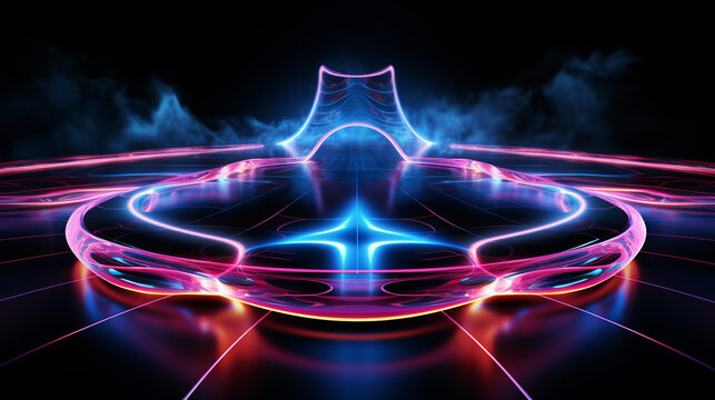 Three-dimensional rendering of a neon soccer field concept, depicting a vibrant football pitch for virtual sports, characterized by luminous pink and blue lines. Presented in isola 