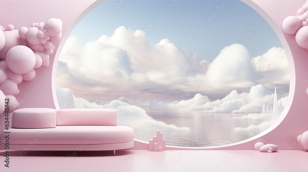 Fototapete A three-dimensional rendering featuring an abstract fantasy backdrop where fluffy clouds gracefully swirl around a curved arch set against a pink wall. Above the water, a white cum 