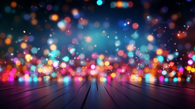 An abstract celebratory backdrop adorned with neon bokeh lights, radiant lines, and a dynamic multicolor wallpaper, providing ample room for text or copy space. 
