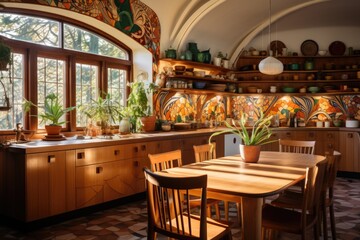Fototapeta na wymiar Artisan Craftsman: A kitchen with handcrafted wooden cabinets, intricate tile work, and custom-made furnishings. Generative AI