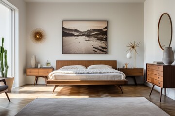 A bedroom with a teak platform bed, a minimalist dresser, and a statement sunburst mirror on the wall. Generative AI