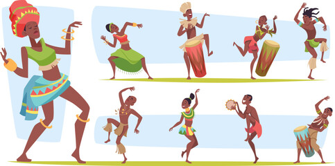 African people. Tribal dancers in different poses exact vector african characters