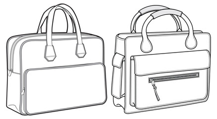 Set of holdall Briefcase bag flat sketch fashion illustration drawing template mock up, Zipper lock briefcase bag cad drawing. work briefcase bag flat sketch vector