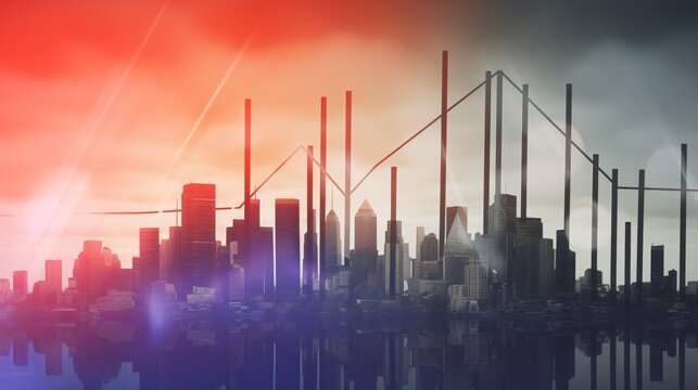 Crisis in economic concept shown by declining graphs and digital indicators overlap modernistic city background. Double exposure.