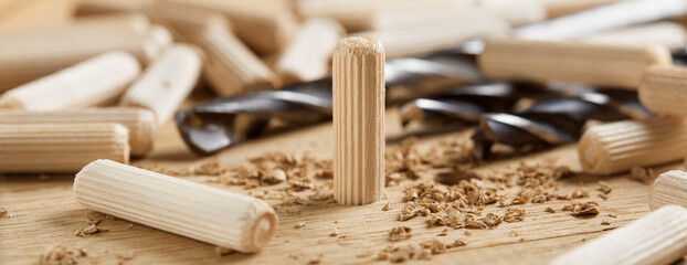 hole in wooden oak board for wooden dowel. carpentry industry.