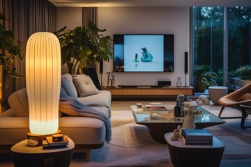 Smart Home Setup: A living room equipped with the latest smart home technology, including voice-controlled devices and automated lighting. Generative AI