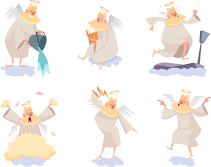 Angel on cloud. Elderly bearded god with funny poses holy old person exact vector cartoon character