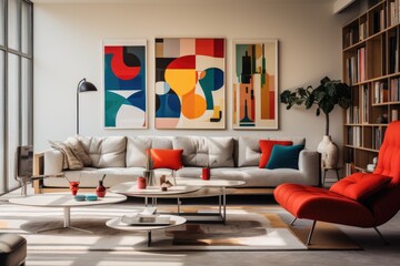 Mid-Century Magic: A living room featuring iconic furniture pieces, bold colors, and abstract artwork. Generative AI