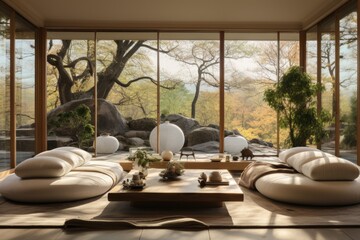 A meditation room with floor cushions, bonsai trees, and calming neutral tones. Generative AI