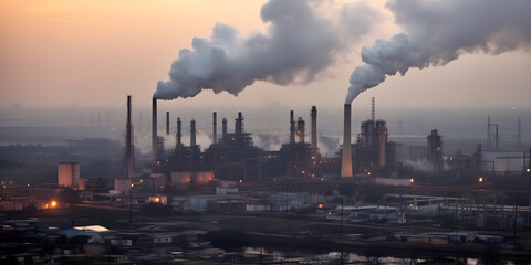 Environmental pollution, A factory emitting dark smoke into the sky, A polluted cityscape with smog and haze, An oppressive and gloomy atmosphere