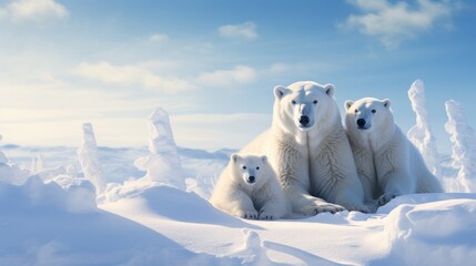 A polar bear relaxes on drift ice. Two animals are playing in the snow.