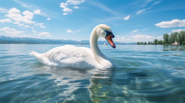 Swan, Beautiful white swan floating on the lake, White swan in the water.