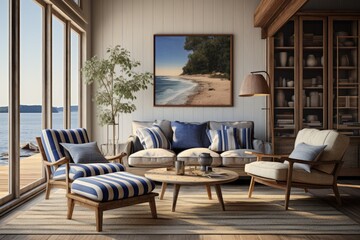 Fototapeta premium Nautical Escape: A coastal-themed living room with striped upholstery, weathered wood, and nautical accents. Generative AI