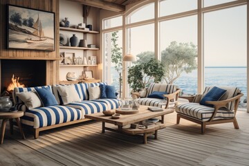 Nautical Escape: A coastal-themed living room with striped upholstery, weathered wood, and nautical accents. Generative AI