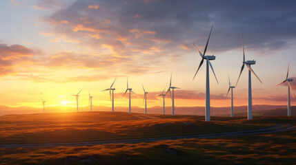 Obraz premium Picturesque wind turbines on a colorful sunrise