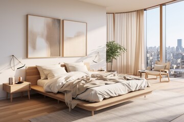 Scandinavian Sanctuary: A bedroom with light wood furniture, neutral tones, and plenty of natural light for a serene atmosphere. Generative AI