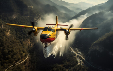 Firefighting aircraft dropping water and extinguishing agents over a wildfire.