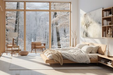 Scandinavian Sanctuary: A bedroom with light wood furniture, neutral tones, and plenty of natural light for a serene atmosphere. Generative AI