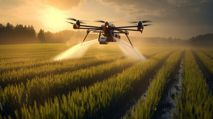 Fototapeta na wymiar Drone flying and spraying fertilizer on the agriculture fields