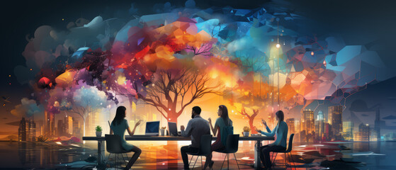illustration colorful creative agency business brain storm meeting people with icon line presentation