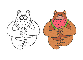 Bear with watermelon. Coloring page for kids. Vector isolated illustration.