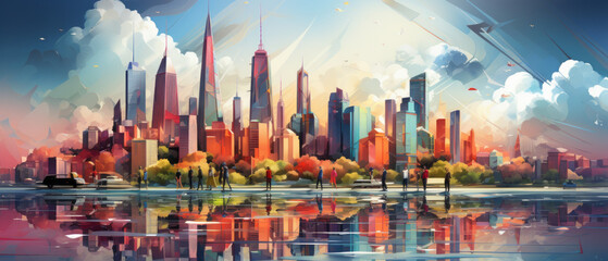 Fototapeta premium illustration teamwork of A group of people stand in front of a cityscape