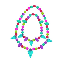 Bracelet and necklace from beads on white background. Jewelry for children, bearded accessory for kids cartoon illustration. Accessories, fashion concept