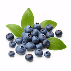 Fresh blueberries with bluberry leaves isolated on white background.