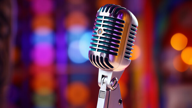 photograph of A classic musical microphone on blur colorful background.