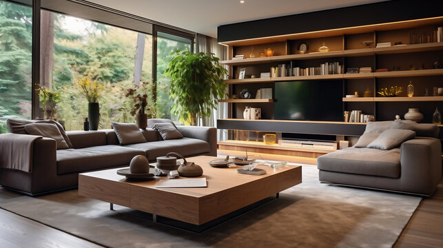 Fotografía detallada de una sala moderna con sofás de diseño cautivador. La iluminación es impactante pero serena, emanando sensaciones positivas.