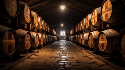 Wine barrels in wine vaults, Wine or whiskey barrels.