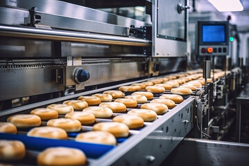 Fresh, just-baked rolls on a production line. Industrial bread baking