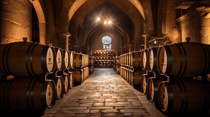 Wine barrels in wine vaults, Wine or whiskey barrels.