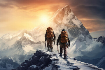 Two climbers ascend mountain peak. Back view of alpinists climbing snow covered mountains. Travelers during outdoor activities