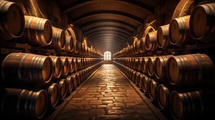 Wine barrels in wine vaults, Wine or whiskey barrels.