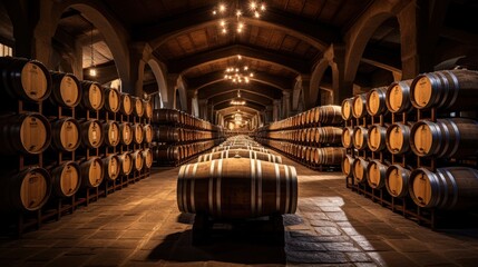 Wine barrels in wine vaults, Wine or whiskey barrels.