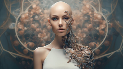 Portrait of hairless woman. Cancerous tumor captures woman. Bald girl after chemotherapy with an illustration of cancer cells - obrazy, fototapety, plakaty