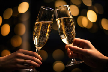 Two hands with glasses of champagne wine clink against blurred golden lights. Festive background and celebration concept