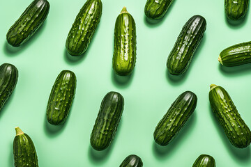 Cucumbers on a pastel green background. Fruits and vegetables