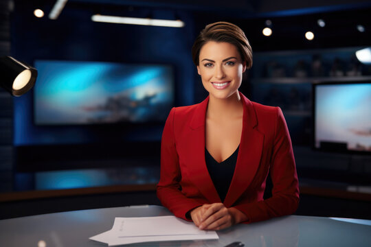 Live news. Female anchor in TV studio on air. Newscaster portrait