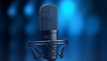photograph of Professional microphone with waveform on blue background banner