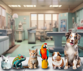 veterinary clinic, various animals are waiting for a visit in a modern, well-equipped veterinary office