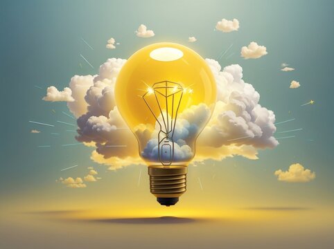 Dreaming in 3D: Light Bulb Soaring High Above the Clouds, creative concept